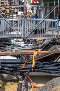 Supply lines, laid underground, exposed during a construction project, Bochum, North