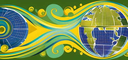 Illustration of a globe composed of triangular solar panels and swirling wind patterns, symbolizing