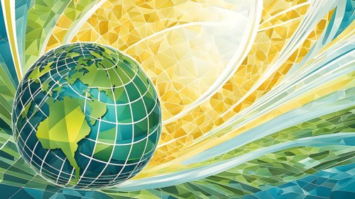 Illustration of a globe composed of triangular solar panels and swirling wind patterns, symbolizing