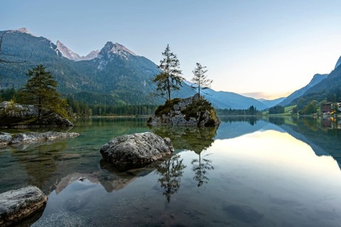 Hochkalter reflected in Hintersee, at sunset, Berchtesgaden National Park, Ramsau, Upper Bavaria,