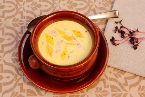 Swabian cuisine, brain soup with egg garnish, offal, calf's brain, regional, soup served in a bowl,