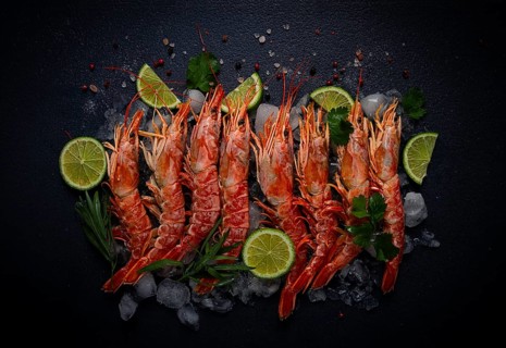Langoustines, Australian, freshly frozen on ice, top view, lime and greens