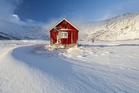 Snow-covered red wooden hut in the morning light, winter, snow cornices, Finnmark, Norway, Europe