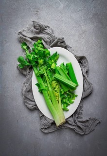 Fresh bunch of celery, top view, no people