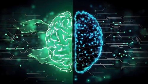 Abstract brain split into two halves, one side athletic motion, the other side neural network,