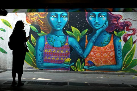 Blue woman, graffiti by Peruvian street artist Bronik, street art in the Baratashvili underground
