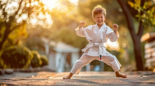Young children practice martial art in kimono and developing karate and kong fu strength., AI