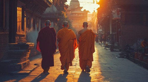 Tibetan Buddhist monks walk in kasaya robes on the streets of Kathmandu., AI generated
