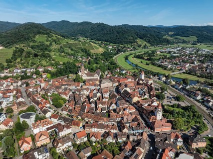 The old town centre of Gengenbach on the river Kinzig, aerial view, Ortenaukreis,
