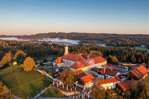 Reutberg Monastery, Sachsenkam, Tölzer Land, aerial view, Alpine foothills, Upper Bavaria, Bavaria,