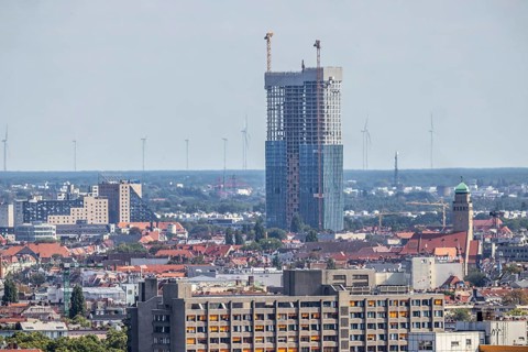 Construction site of the Estrel Tower. Once completed, it will be the tallest building in Berlin at