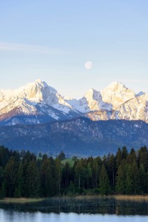 Hegratsrieder See near Füssen, Allgäu Alps, snow, moon, Allgäu, Bavaria, Germany, Europe