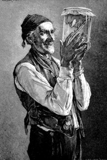 Old man holding a glass with a weather frog and predicting good weather, Germany, 1887, Historical,