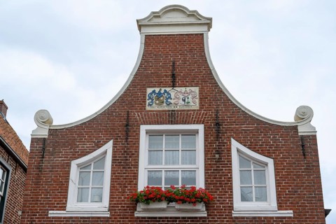Gable of a brick house, harbour, Greetsiel, East Frisia, Lower Saxony, Germany, Europe