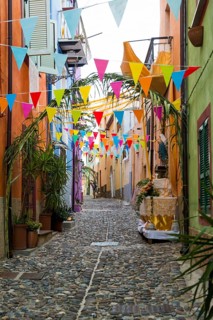 Decorated alley and colourful houses, feast of the Madonna of Regnos Altos, Bosa, district of