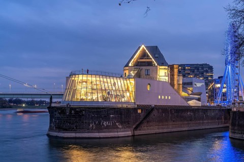 The Chocolate Museum on the Rhine at dusk, Cologne, North Rhine-Westphalia, Germany, Europe