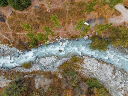 View down, aerial view, Ala Archa mountain stream, Ala Archa National Park, Khirgiz Ala-Too