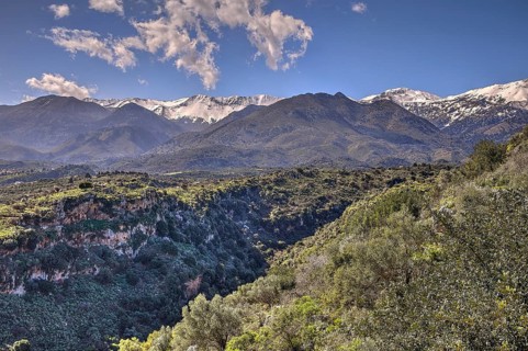 Green gorge with lush vegetation framed by snow-capped mountains and a blue sky with clouds, Lefka