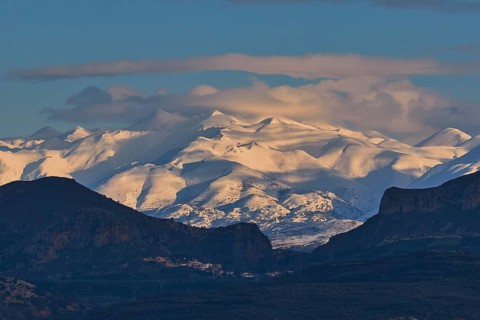 Snowy mountains under dark sky with clouds during twilight, Lefka Ori, White Mountains, mountain
