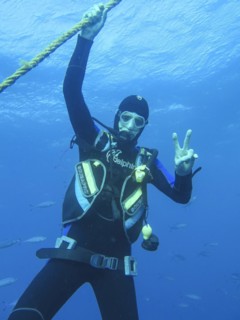 Diver on safety stop at anchor line, dive site wreck of the Thistlegorm, Red Sea, Egypt, Africa