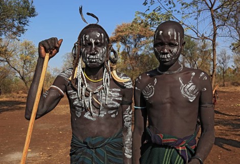 South Ethiopia, in Maco National Park, Mursi tribe, two Mursi boys with painted faces, Ethiopia,