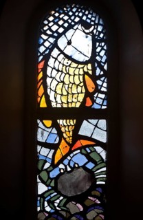 Contemporary stained glass at Notre Dame de la delivrance church, Popenguine, Senegal. Popenguine