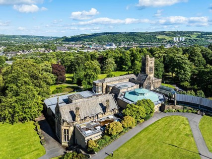 Cliffe Castle and Gardens from a drone, Keighley, West Yorkshire, England, United Kingdom, Europe