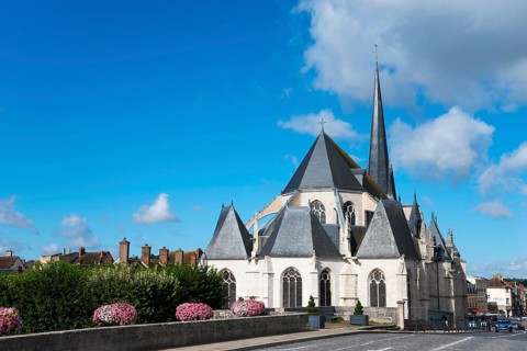 Gotische Kathedrale mit hohen Türmen und einem klaren Himmel mit Blumen im Vordergrund, Kirche,