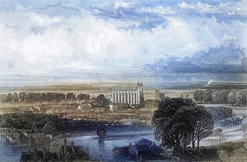 Eton seen from the terrace of Windsor Castle, England, Historical, digitally restored reproduction