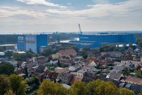 Town view with Peene shipyard, Wolgast, Usedom Island, Mecklenburg-Western Pomerania, Germany,