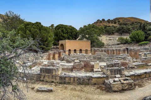 Overview of ruins of historic Roman amphitheatre from antiquity in excavation site remains of