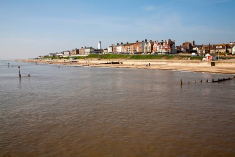 View from the pier of the historic seaside resort town of Southwold, Suffolk, England, United