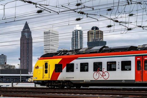 Regional train on the track in front of Frankfurt am Main main station, Skyline, Hesse, Germany,