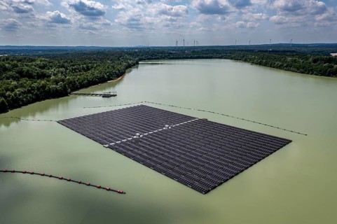 Germany's largest floating solar power plant on the Silbersee III, a quarry pond no longer used for