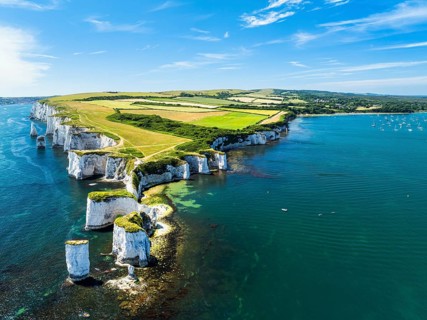 White Cliffs of Old Harry Rocks Jurassic Coast from a drone, Dorset Coast, Poole, England, United