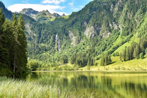 The Styrian Lake Constance with waterfall, near Schladming, Niedere Tauern, Styria, Austria, Europe