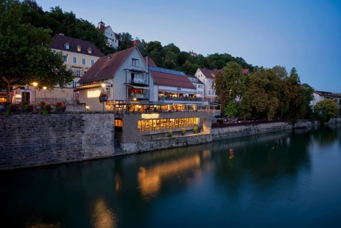 View in summer from the Neckar bridge to the Neckarmüller beer garden, El Chico restaurant,