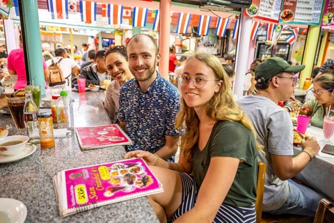 Tourists sitting at a table at a food stall, Mercado Central de San José, San José, Costa Rica,