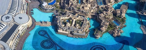 UAE, Dubai panoramic skyline view of city downtown and Dubai Mall