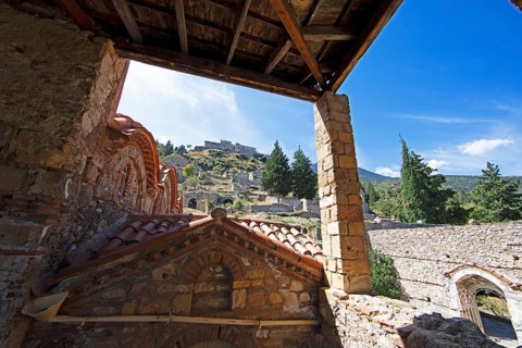 Byzantine ruined city of Mystras or Mistra on the Taygetos Mountains, UNESCO World Heritage Site,