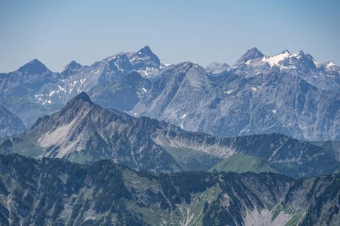 Seekarspitze and Seebergspitze mountain peaks, view from Hochunnütz, Brandenberg Alps, Tyrol,