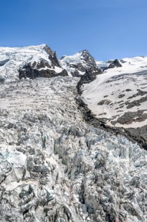 High alpine glaciated mountain landscape, La Jonction, Glacier des Bossons meets Glacier de