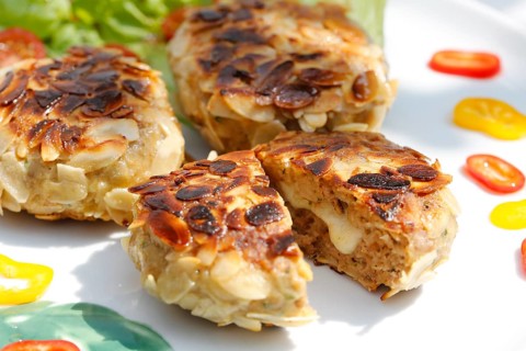 Swabian cuisine, meatballs wrapped in almonds, mixed minced meat, meatballs filled with cheese,