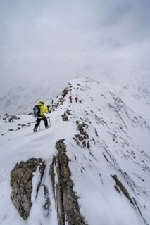 Ski tourers on the summit of the Köllkuppe or Cima Marmota, snow-covered mountain landscape, Ortler