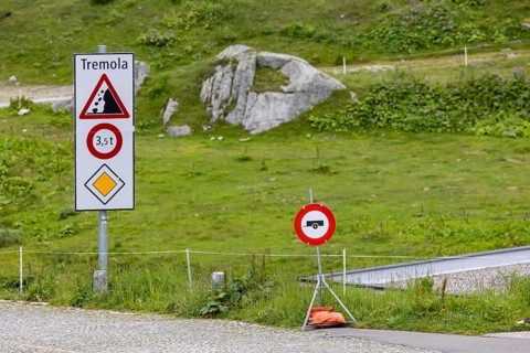 Gotthard Pass. Pass summit with traffic sign. Ban on trailers in the Tremola. Airolo, Canton