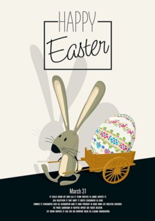 Happy Easter card with cute rabbit character carrying a painted egg in a small wooden cart,