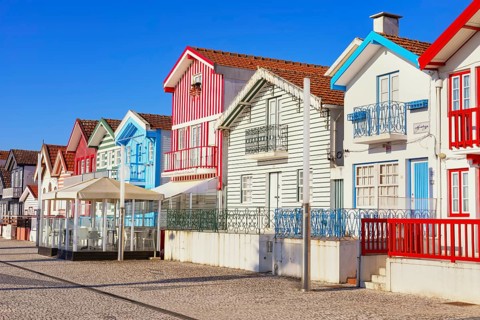 Traditional wooden striped houses, Costa Nova do Prado, Aveiro, Portugal, Europe