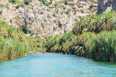 View of Megalopotamos river and Preveli palm forest, Rethymno, Crete, Greek Islands, Greece, Europe