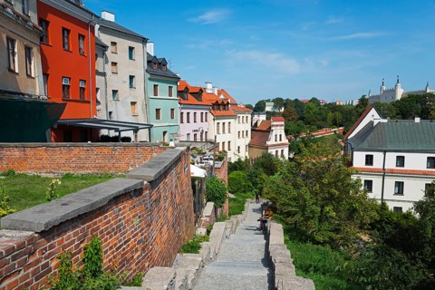 View of an old town with colourful houses and stone-paved path, Lublin, Poland, Europe