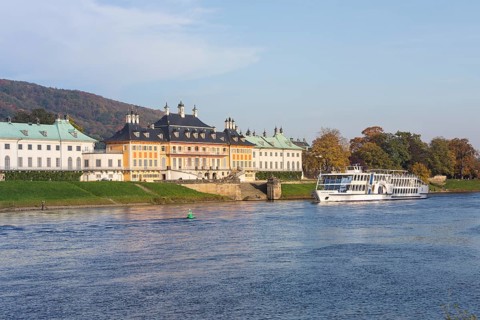 Excursion steamer Gräfin Cosel in front of the water palace of Pillnitz Castle, seen across the